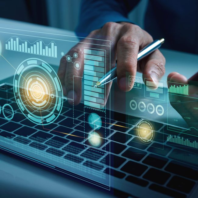 Business man works with vr financial artificial intelligence AI Business man works with vr financial artificial intelligence AI